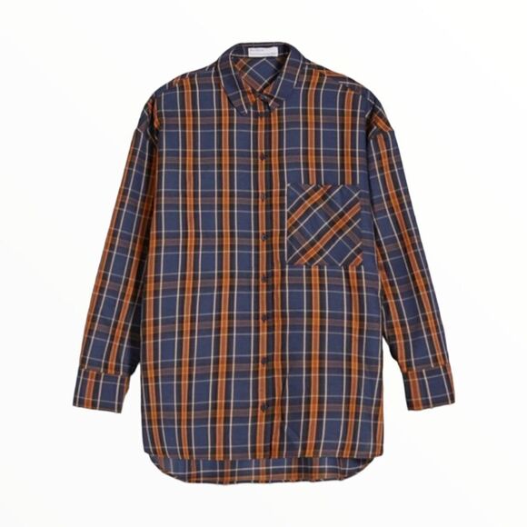BERSHKA | Blue & Brown | OVERSIZED PLAID SHIRT - Picture 3 of 9